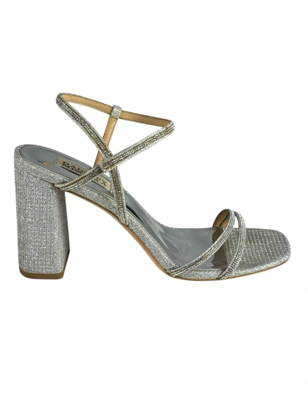 BADGLEY MISCHKA FIREY RHINESTONE SILVER BLOCK HEEL OPEN TOE HEELS - Picture 4 of 16
